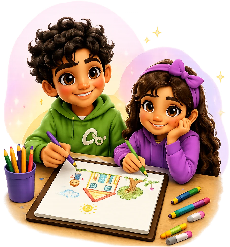 دو کودک در حال نقاشی